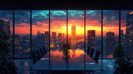 Cityscape sunset meeting room