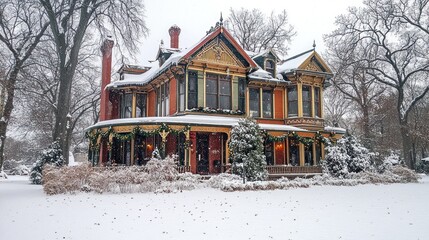 Victorian house, snow, winter, holiday decorations, garden, festive