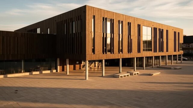 Timber facade architecture of institutional modern public building with clean wooden grid design