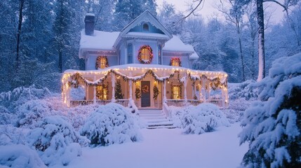 Snowy Christmas house, decorated porch, winter wonderland, festive ambiance, perfect for greeting cards, or seasonal advertisements