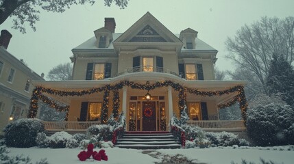 Snowy Christmas Eve, Victorian home, festive lights, winter wonderland, holiday card