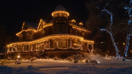 Ornate house decorated for Christmas at night
