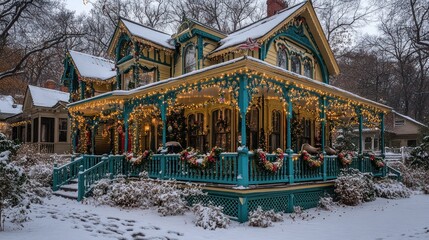 Ornate Victorian home decorated for Christmas in winter snow. Possible use Stock photo for holiday cards, advertisements, or websites