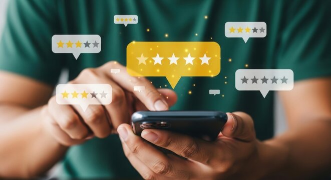 Smartphone user engagement with star rating feedback. Digital illustration of customer reviews. Modern tech theme with interactive UI.