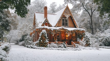 Snowy Christmas Cottage, Decorated, Winter Wonderland, Peaceful Scene, Holiday Home,  Possible use Stock Photo