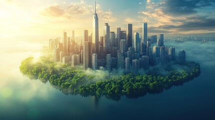 Sunrise over a futuristic island city, surrounded by water and lush greenery.  Ideal for eco-city concepts