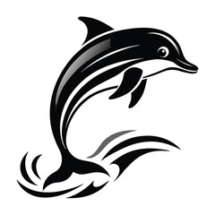 Obraz premium Elegant black and white vector silhouette of a graceful dolphin leaping through water for aquatic themed designs