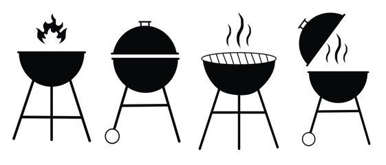 BBQ icon. Grill vector set. Barbeque symbol.  BBQ black sign flat trendy style simple illustration.  Black silhouette BBQ grill. Cook on backyard. isolated on white background.