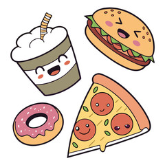 Vector set of delicious fast food items including pizza burger hotdog and sandwich illustration