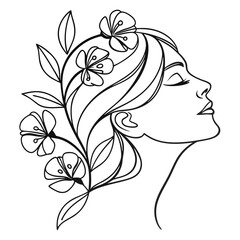 Beautiful woman face with floral hairstyle in elegant vector silhouette design