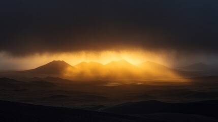 Golden sunbeams pierce dark clouds over volcanic landscape