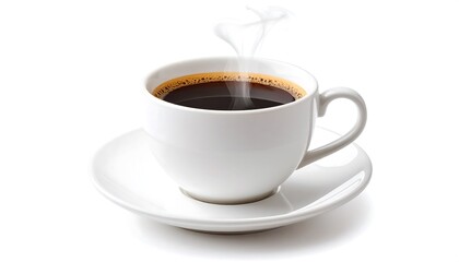 Obraz premium A white ceramic coffee cup filled with dark coffee, steaming