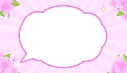 A light pink background with cherry blossoms and a speech bubble