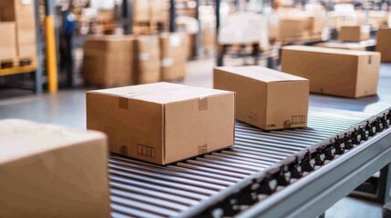 Closeup of multiple cardboard boxes moving seamlessly on a conveyor belt in a warehouse fulfillment center, showcasing e-commerce logistics, automated delivery systems, and product packaging for moder