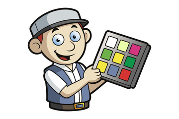 Friendly cartoon painter holding a color palette showing various vibrant swatches for design inspiration