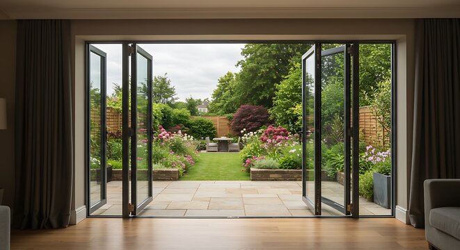 Fototapeta Beautiful garden and patio in summer seen from stylish designer room through bifold doors.
