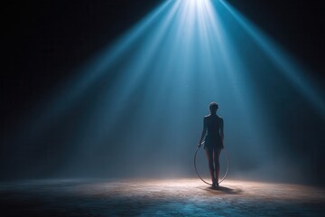 a rhythmic gymnast standing in a graceful pose with a hoop