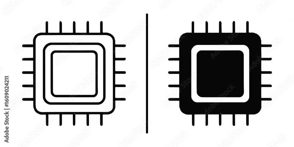 Poster cpu icon: a digital rendering of a cpu, displayed in two contrasting styles, signifying the core of 