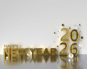 Stylish 3D gold "Happy New Year 2026" text with reflective effects and festive bubbles, perfect for New Year celebrations.