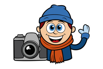 Joyful cartoon photographer wearing winter attire and holding a camera ready to capture memorable moments