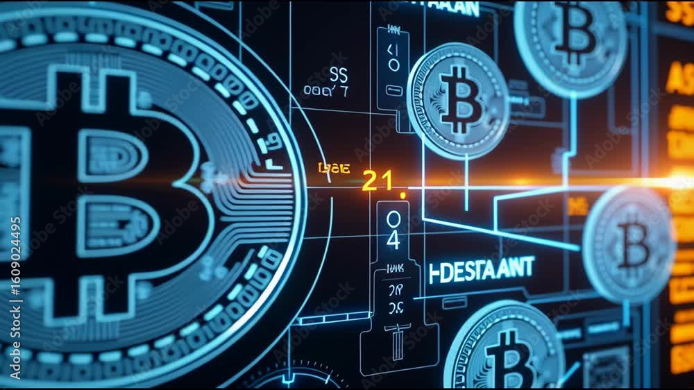 Poster digital currency technology highlights bitcoin symbols within intricate circuit patterns, showcasing