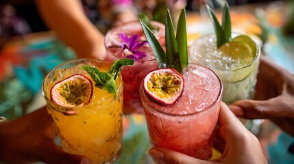 Friends toasting with tropical margaritas watermelon and passionfruit drinks party lifestyle vibrant fruity cocktails