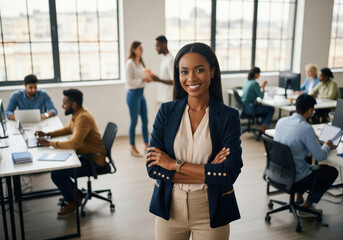 Confident Smiling Businesswoman with Crossed Arms in Modern Office