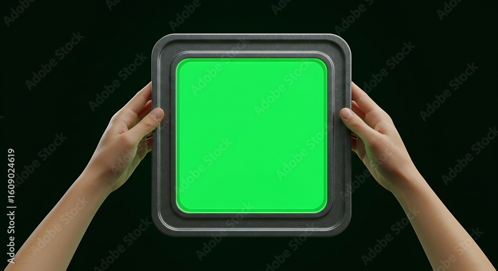 Poster hands holding green illuminated square button in dark background