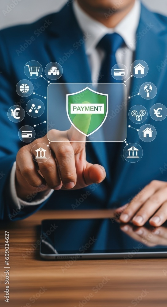 Poster business professional interacting with secure payment interface on tablet. financial icons and digit