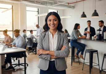 Confident Smiling Businesswoman with Crossed Arms in Modern Office