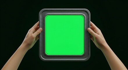 Hands Holding Green Illuminated Square Button in Dark Background
