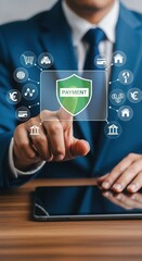 Business professional interacting with secure payment interface on tablet. Financial icons and digital commerce concepts. Modern banking and transaction technology.