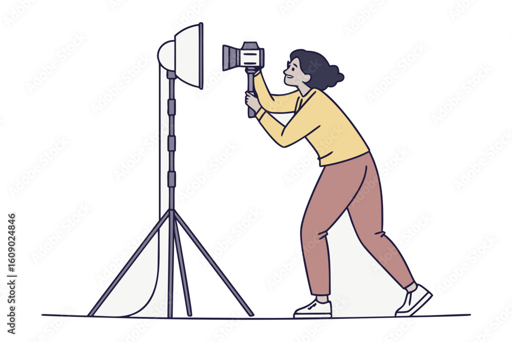 Poster creative professional capturing a moment with a camera and studio lighting setup for photography or 