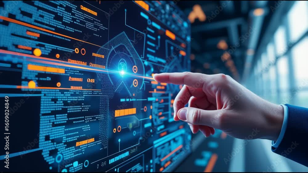 Poster hand engages with futuristic digital touchscreen interface showcasing data, technology, and innovati