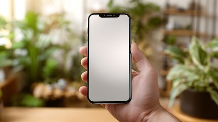 Front view of hand holding smartphone with blank screen in soft natural light indoor background