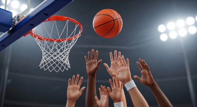 Basketball Game: Reaching Hands, Orange Ball, Bright Arena Lights, Competition