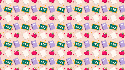 Naklejka premium Seamless repeating pattern of school supplies including apples notebooks and chalkboards with numbers