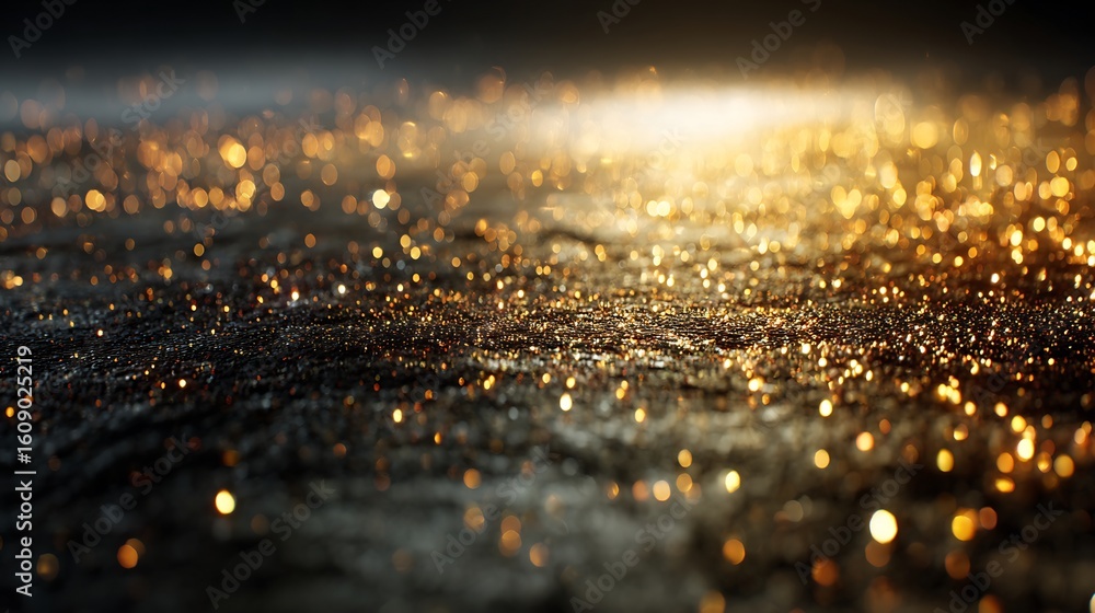 Poster abstract golden glitter sparkles on a dark textured background creating a magical and festive