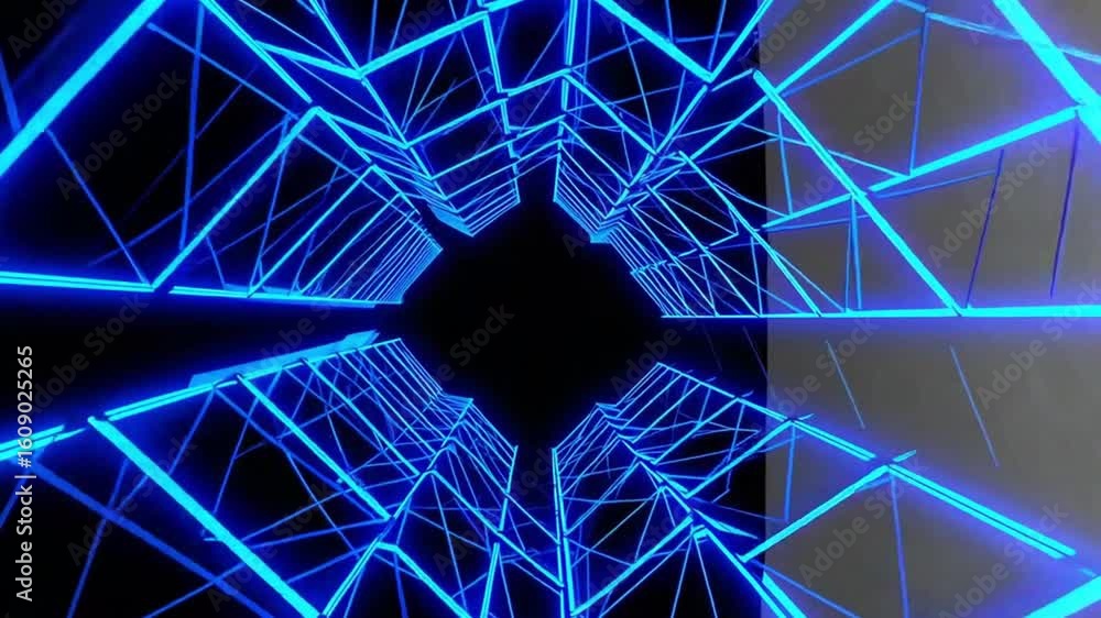 Poster abstract neon blue geometric tunnel with reflection. this futuristic visual creates a sense of depth