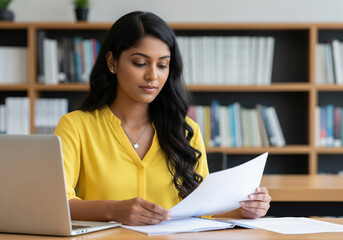 Focused Young  Businesswoman Reviewing Documents at Office Desk