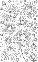 Bursting Fireworks Pattern Black and White Seamless Vector Background for Coloring, Festivities and Design Projects, Festive Firework Elements, New Year Fireworks, Happy New Year 