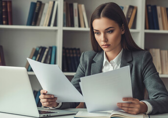 Focused Young  Businesswoman Reviewing Documents at Office Desk