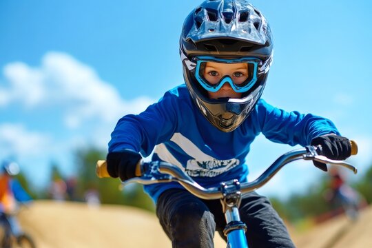 Young bmx rider wearing protective gear riding a bicycle on a dirt track - Powered by Adobe