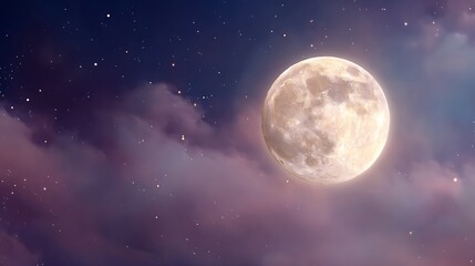 Naklejka premium Full moon glowing in night sky with stars serene atmosphere soft light peaceful and calm celestial background scene