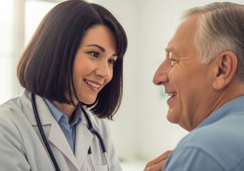 Smiling Female Doctor and Senior Male Patient in Friendly Conversation