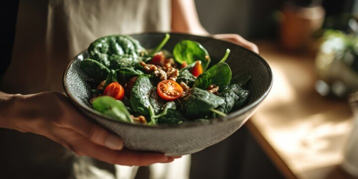 The vibrant spinach salad with cherry tomatoes and walnuts in a rustic setting.