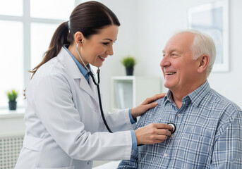 Smiling Female Doctor Examining Senior Male Patient with Stethoscope