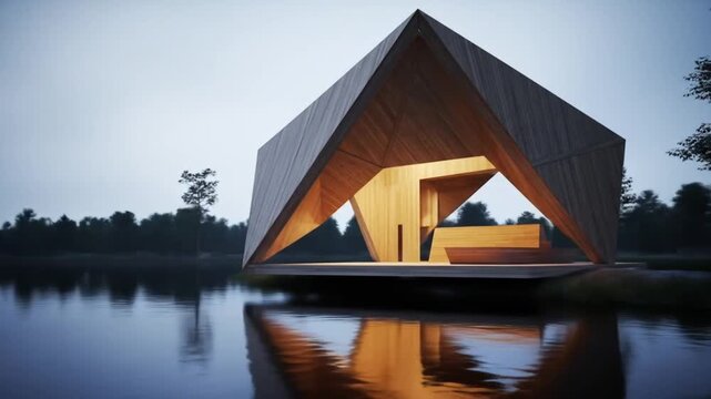 Timber facade architecture of luxurious triangular waterfront villa with dramatic lighting and modern structure