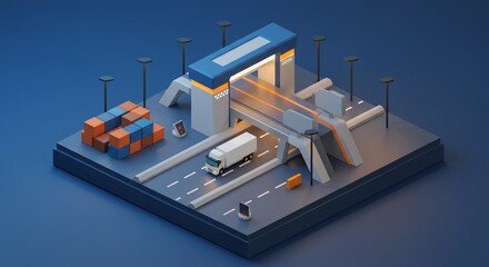 Isometric Cargo Port with Containers Trucks and Docking Station in Modern Industrial Style