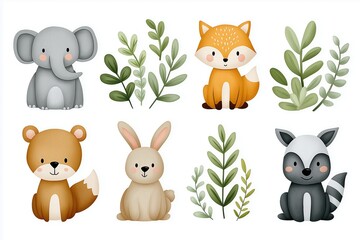Obraz premium Adorable woodland animals and plants watercolor illustration set